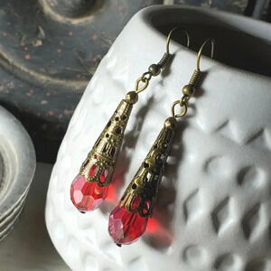Bronze Faceted Crystal Ruby Red Luster Antiqued Filigree Teardrop Earrings